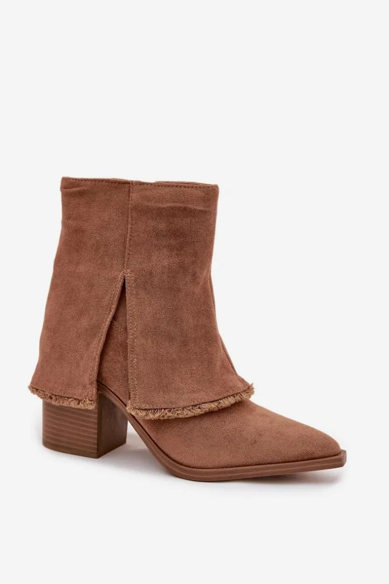 Botki Damskie Na Słupku Z Wywiniętą Cholewką Jasnobrązowe Idalia