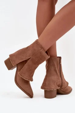Botki Damskie Na Słupku Z Wywiniętą Cholewką Jasnobrązowe Idalia