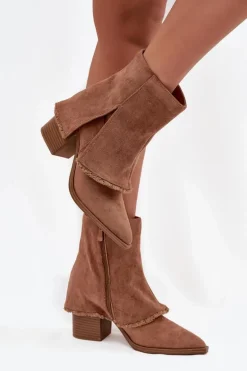 Botki Damskie Na Słupku Z Wywiniętą Cholewką Jasnobrązowe Idalia