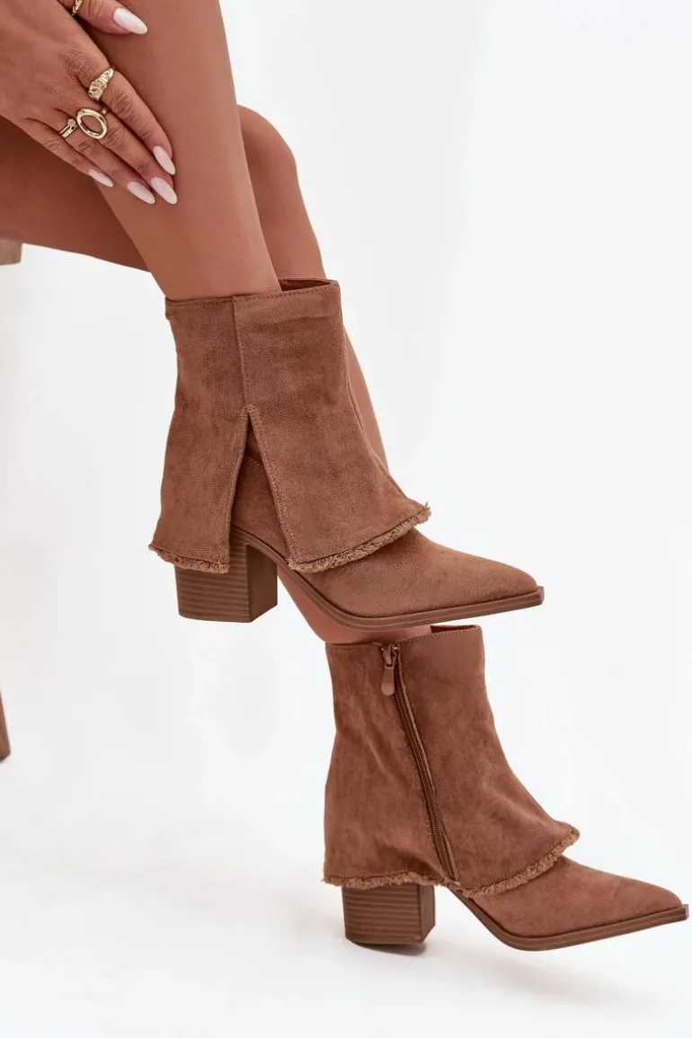 Botki Damskie Na Słupku Z Wywiniętą Cholewką Jasnobrązowe Idalia