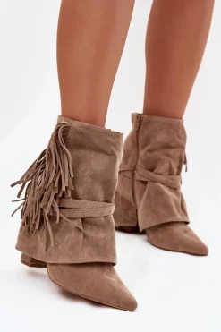 Botki Damskie Na Słupku Z Frędzlami I Złotymi Klamrami Beżowe Evelisse