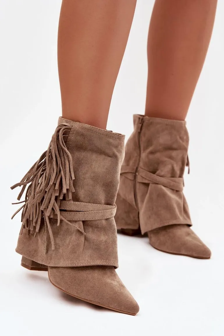 Botki Damskie Na Słupku Z Frędzlami I Złotymi Klamrami Beżowe Evelisse