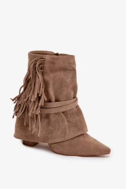 Botki Damskie Na Słupku Z Frędzlami I Złotymi Klamrami Beżowe Evelisse