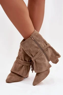 Botki Damskie Na Słupku Z Frędzlami I Złotymi Klamrami Beżowe Evelisse