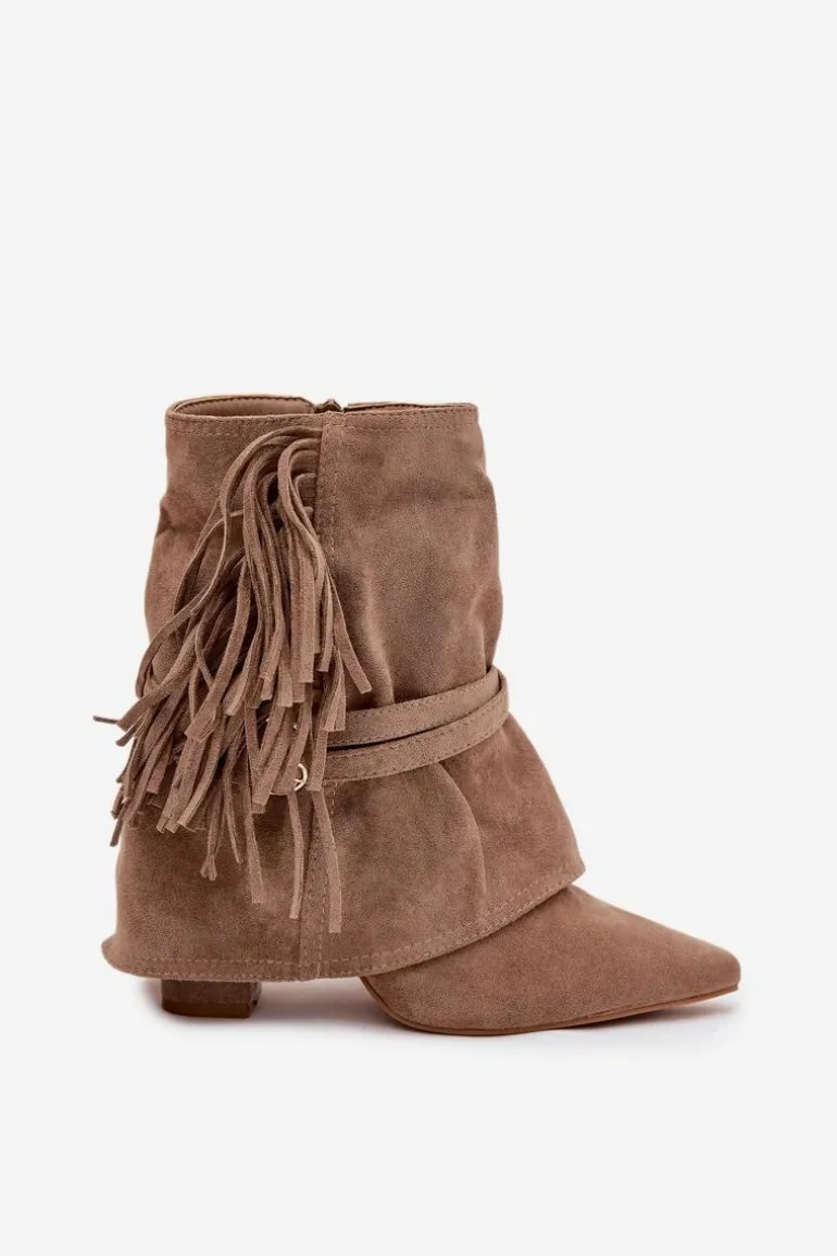 Botki Damskie Na Słupku Z Frędzlami I Złotymi Klamrami Beżowe Evelisse