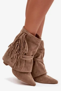 Botki Damskie Na Słupku Z Frędzlami I Złotymi Klamrami Beżowe Evelisse