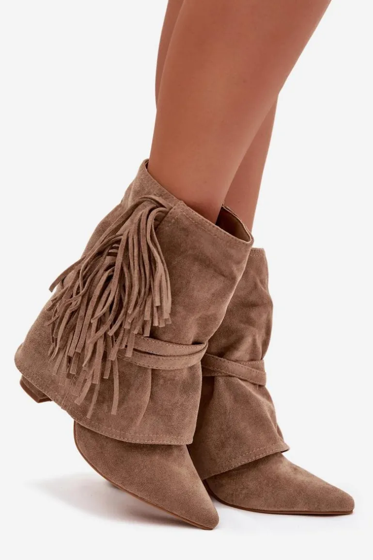 Botki Damskie Na Słupku Z Frędzlami I Złotymi Klamrami Beżowe Evelisse