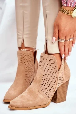 Botki Damskie Na Słupku Zamszowe Ażurowe Beżowe Shades