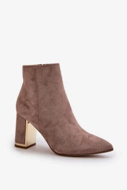 Botki Damskie Na Słupku Zapinane Na Zamek Ocieplane Eko Zamszowe Beżowe Mevair