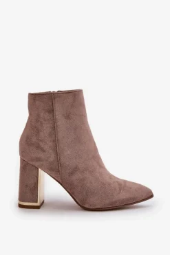 Botki Damskie Na Słupku Zapinane Na Zamek Ocieplane Eko Zamszowe Beżowe Mevair