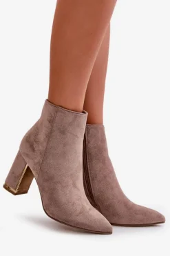 Botki Damskie Na Słupku Zapinane Na Zamek Ocieplane Eko Zamszowe Beżowe Mevair