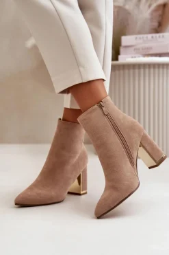 Botki Damskie Na Słupku Zapinane Na Zamek Ocieplane Eko Zamszowe Jasnobrązowe Mevair