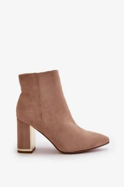 Botki Damskie Na Słupku Zapinane Na Zamek Ocieplane Eko Zamszowe Jasnobrązowe Mevair