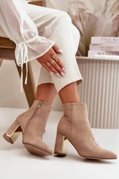 Botki Damskie Na Słupku Zapinane Na Zamek Ocieplane Eko Zamszowe Jasnobrązowe Mevair