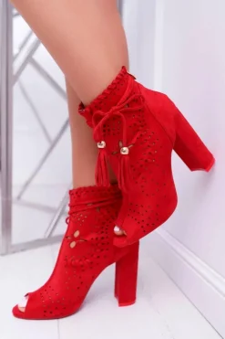 Botki Damskie Na Słupku Zamszowe Czerwone Corinne