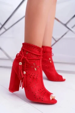 Botki Damskie Na Słupku Zamszowe Czerwone Corinne