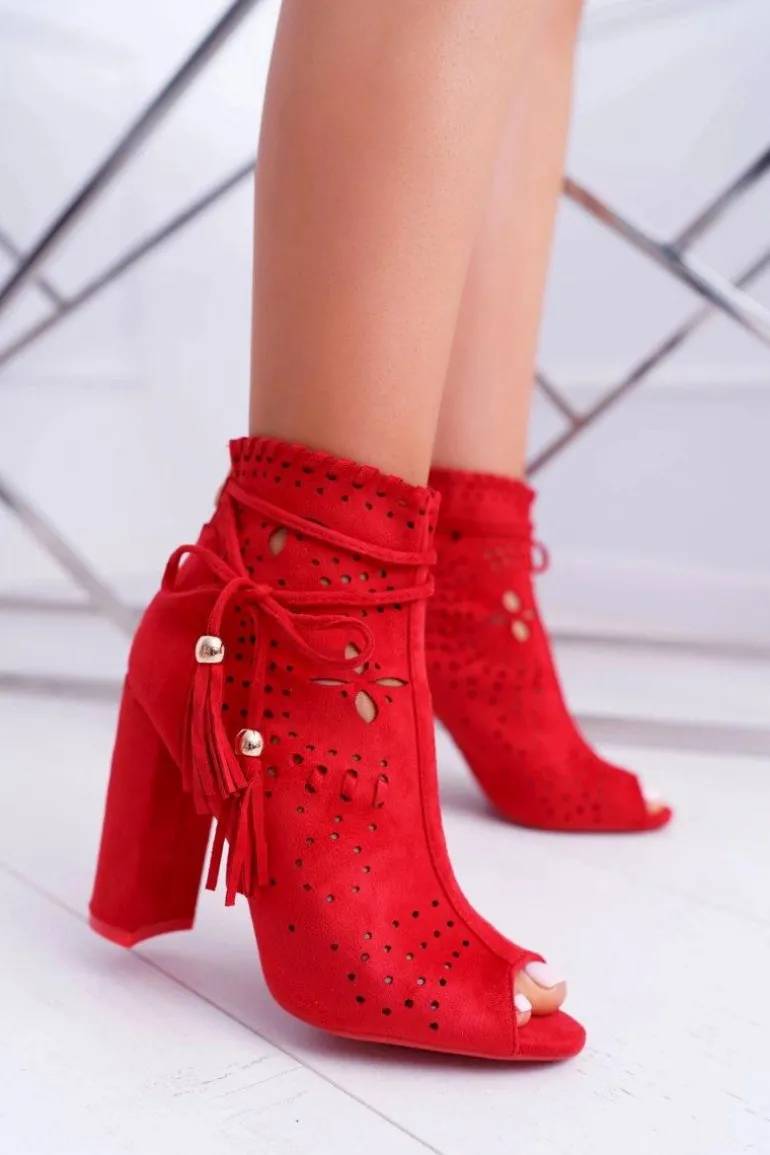 Botki Damskie Na Słupku Zamszowe Czerwone Corinne