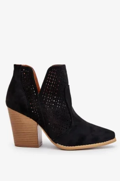 Botki Damskie Na Słupku Zamszowe Ażurowe Czarne Shades
