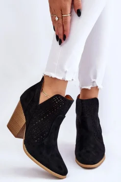 Botki Damskie Na Słupku Zamszowe Ażurowe Czarne Shades