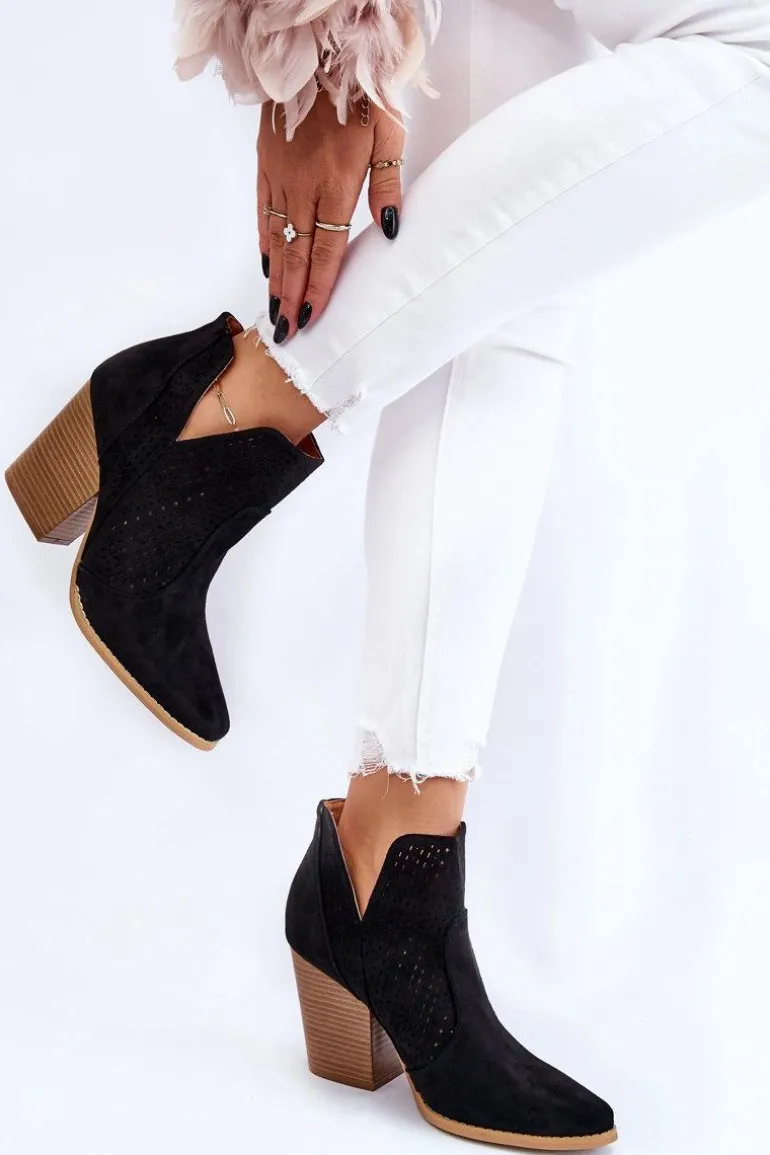 Botki Damskie Na Słupku Zamszowe Ażurowe Czarne Shades