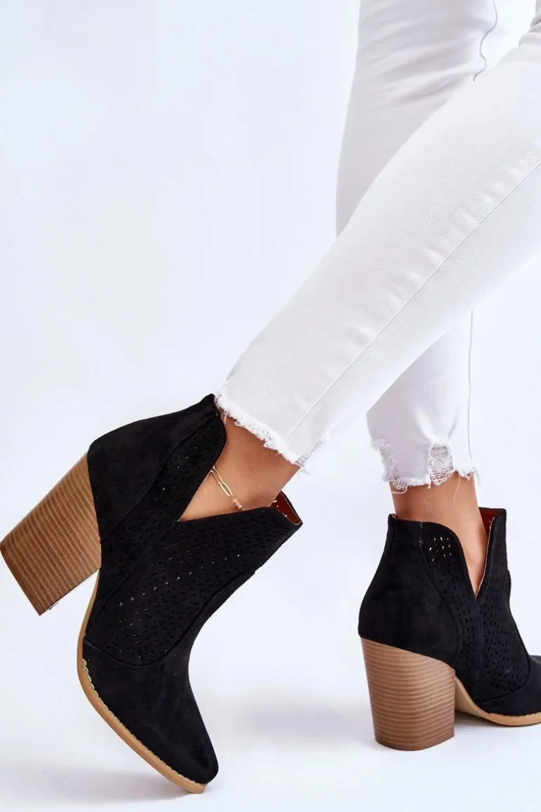 Botki Damskie Na Słupku Zamszowe Ażurowe Czarne Shades