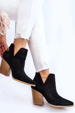 Botki Damskie Na Słupku Zamszowe Ażurowe Czarne Shades
