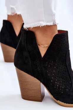 Botki Damskie Na Słupku Zamszowe Ażurowe Czarne Shades