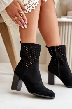 Botki Damskie Na Słupku Zapinane Na Zamek Czarne Meriadne