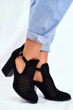 Botki Damskie Na Słupku Zamszowe Ażurowe Czarne Morrena