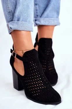 Botki Damskie Na Słupku Zamszowe Ażurowe Czarne Morrena