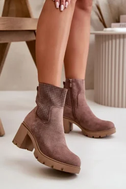 Botki Damskie Na Słupku Zapinane Na Zamek Eko Zamszowe Brązowe Rashmi