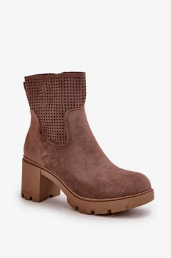 Botki Damskie Na Słupku Zapinane Na Zamek Eko Zamszowe Brązowe Rashmi