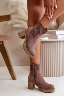 Botki Damskie Na Słupku Zapinane Na Zamek Eko Zamszowe Brązowe Rashmi