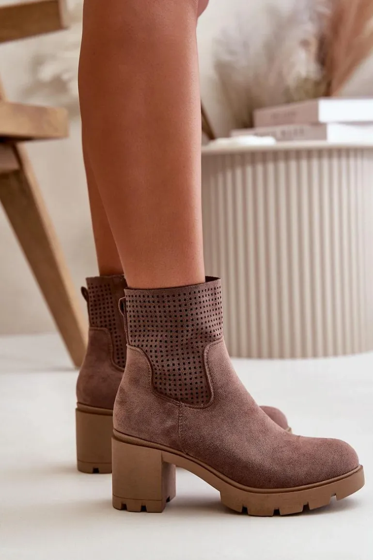 Botki Damskie Na Słupku Zapinane Na Zamek Eko Zamszowe Brązowe Rashmi