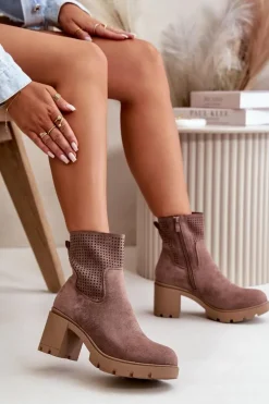 Botki Damskie Na Słupku Zapinane Na Zamek Eko Zamszowe Brązowe Rashmi
