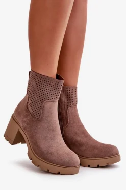 Botki Damskie Na Słupku Zapinane Na Zamek Eko Zamszowe Brązowe Rashmi