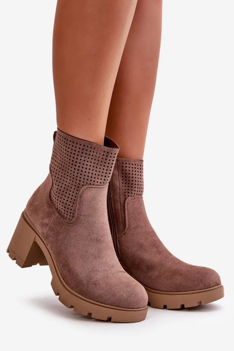 Botki Damskie Na Słupku Zapinane Na Zamek Eko Zamszowe Brązowe Rashmi