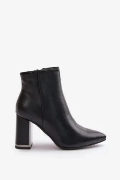 Botki Damskie Na Słupku Zapinane Na Zamek Ocieplane Eko Skórzane Czarne Mevair