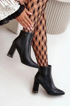 Botki Damskie Na Słupku Zapinane Na Zamek Ocieplane Eko Skórzane Czarne Mevair