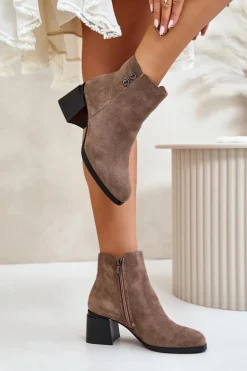 Botki Damskie Na Słupku Zapinane Na Zamek Ciemnobeżowe Tinamar