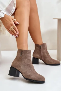 Botki Damskie Na Słupku Zapinane Na Zamek Ciemnobeżowe Tinamar