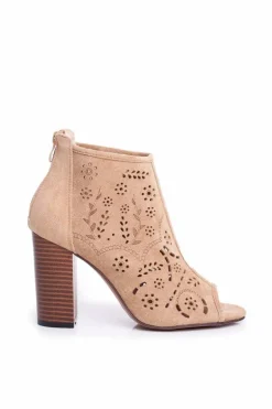 Botki Damskie Na Słupku Zamszowe Ażurowe Beżowe Papillon