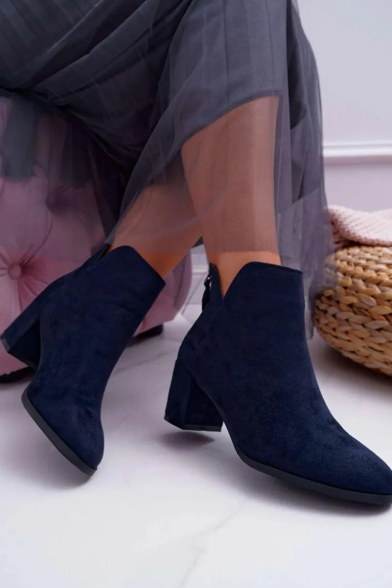 Botki Damskie Na Słupku Zamszowe Granatowe Mimosa