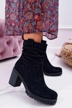 Botki Damskie Na Słupku Zamsz Czarne Celma