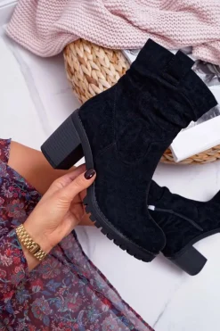 Botki Damskie Na Słupku Zamsz Czarne Celma