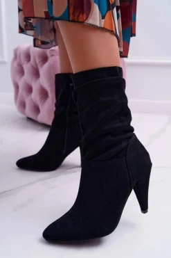 Botki Damskie Na Słupku Za Kostkę Ocieplane Czarne Temma