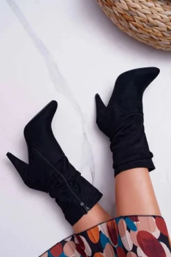 Botki Damskie Na Słupku Za Kostkę Ocieplane Czarne Temma