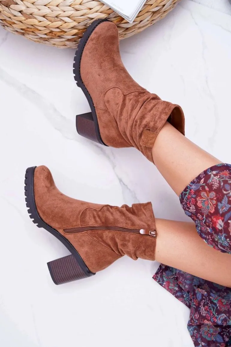 Botki Damskie Na Słupku Zamsz Camel Celma