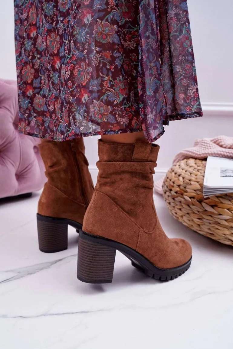 Botki Damskie Na Słupku Zamsz Camel Celma