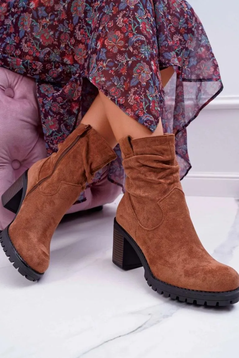 Botki Damskie Na Słupku Zamsz Camel Celma